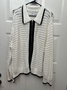 And Now This White Open-Knit Zip Cardigan with Black Trim